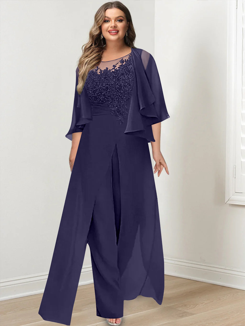Plus Size Mother of the Bride A Line Jumpsuit with Jacket Long Design Side Split & Appliques