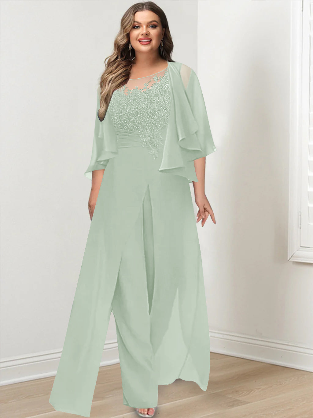 Plus Size Mother of the Bride A Line Jumpsuit with Jacket Long Design Side Split & Appliques