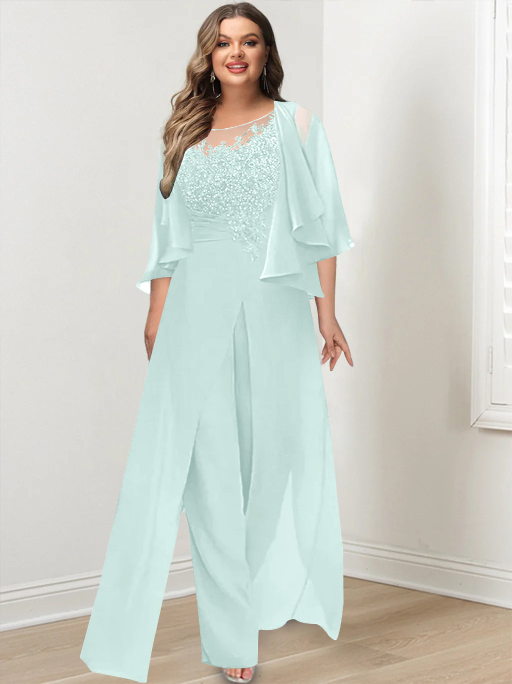 Plus Size Mother of the Bride A Line Jumpsuit with Jacket Long Design Side Split & Appliques