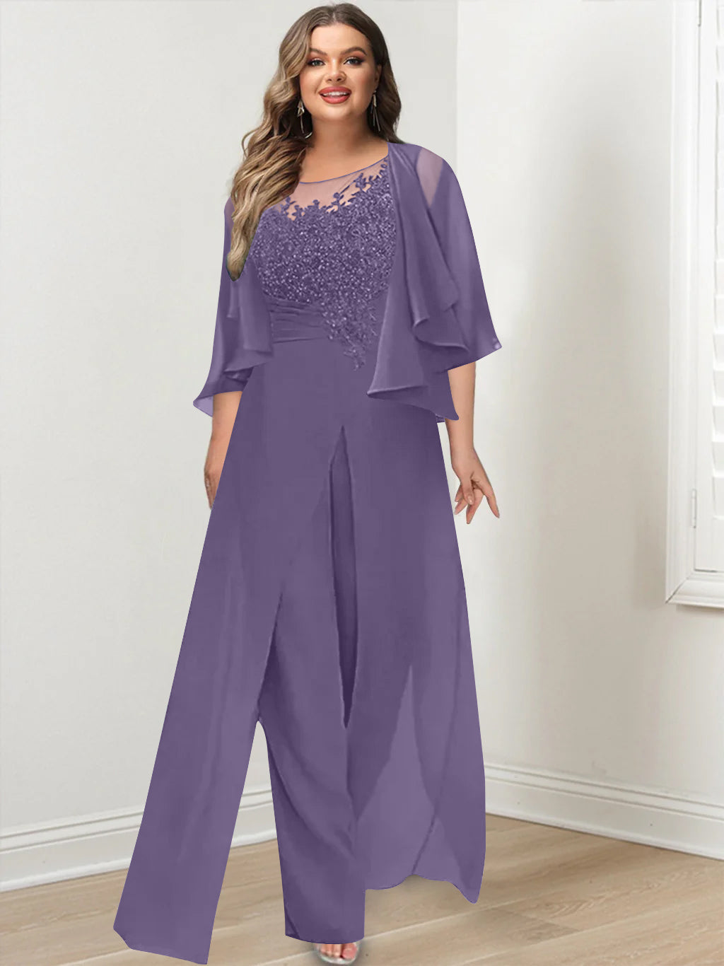 Plus Size Mother of the Bride A Line Jumpsuit with Jacket Long Design Side Split & Appliques
