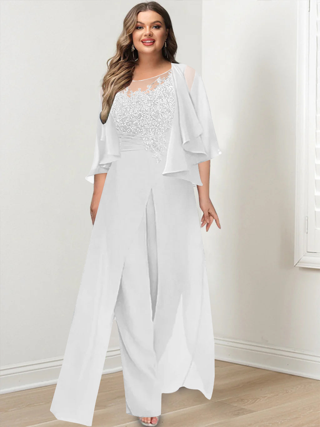 Plus Size Mother of the Bride A Line Jumpsuit with Jacket Long Design Side Split & Appliques