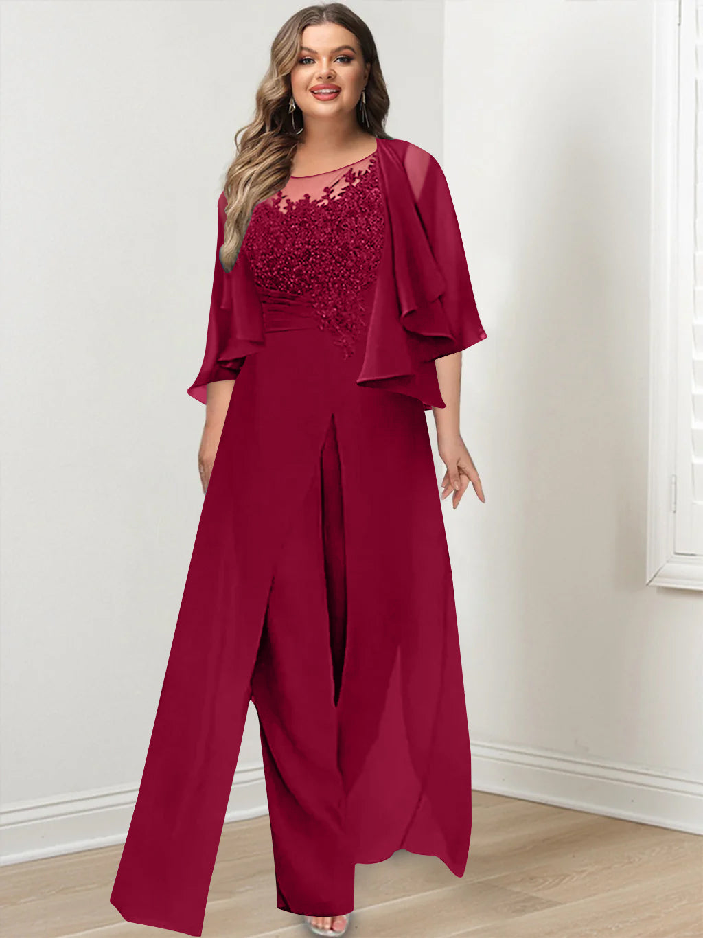 Plus Size Mother of the Bride A Line Jumpsuit with Jacket Long Design Side Split & Appliques