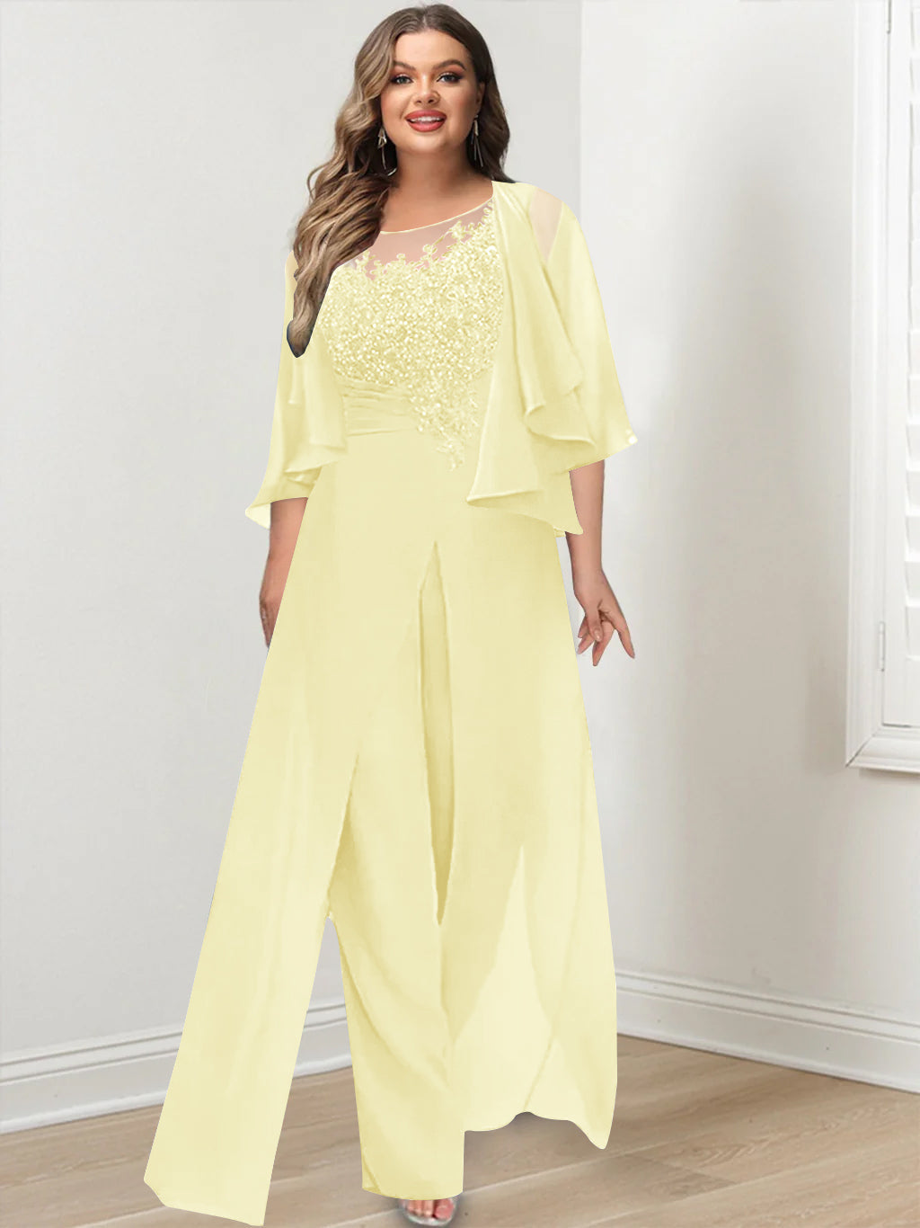 Plus Size Mother of the Bride A Line Jumpsuit with Jacket Long Design Side Split & Appliques