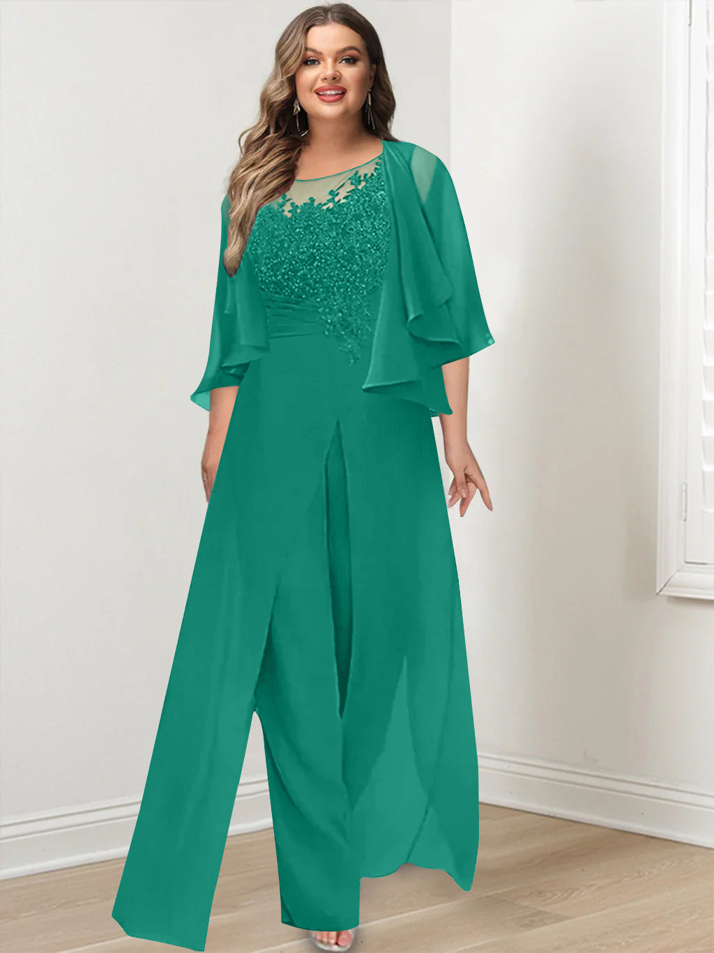 Plus Size Mother of the Bride A Line Jumpsuit with Jacket Long Design Side Split & Appliques