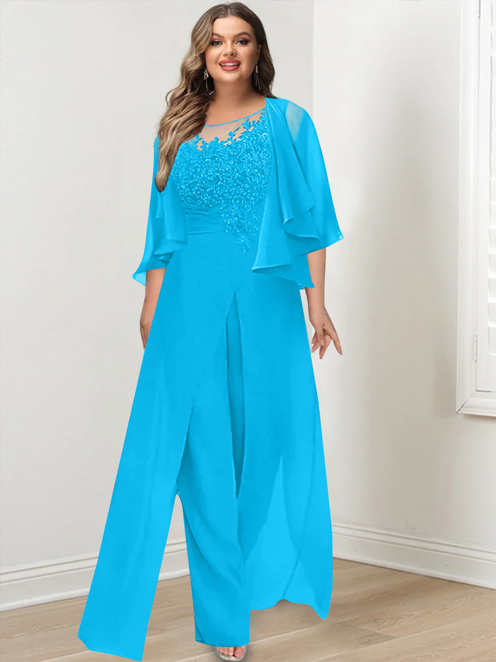 Plus Size Mother of the Bride A Line Jumpsuit with Jacket Long Design Side Split & Appliques