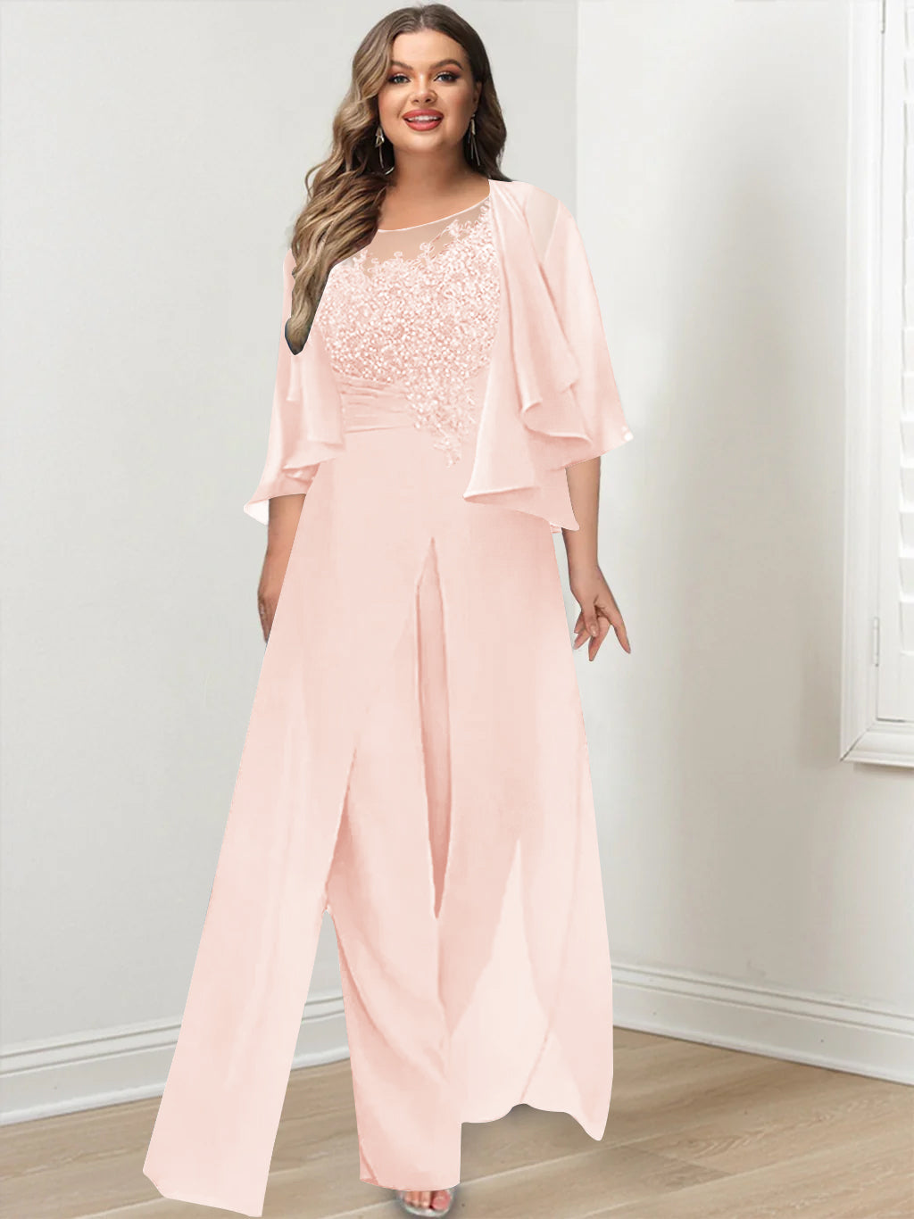 Plus Size Mother of the Bride A Line Jumpsuit with Jacket Long Design Side Split & Appliques