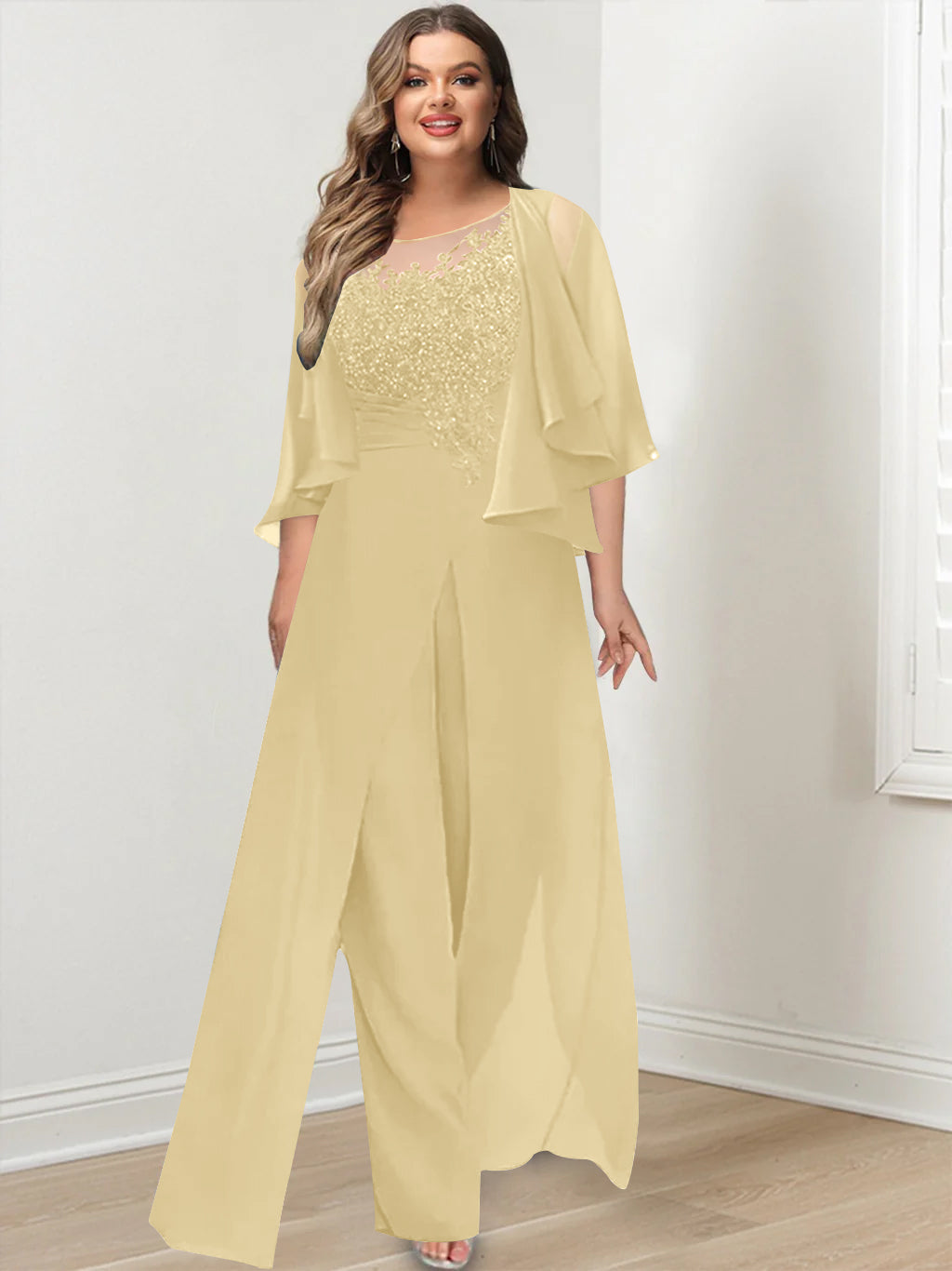 Plus Size Mother of the Bride A Line Jumpsuit with Jacket Long Design Side Split & Appliques