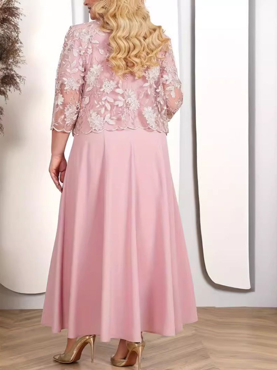 Plus Size Mother of the Bride A Line Tea Length Dress with 3/4 Sleeves Appliques & Jacket
