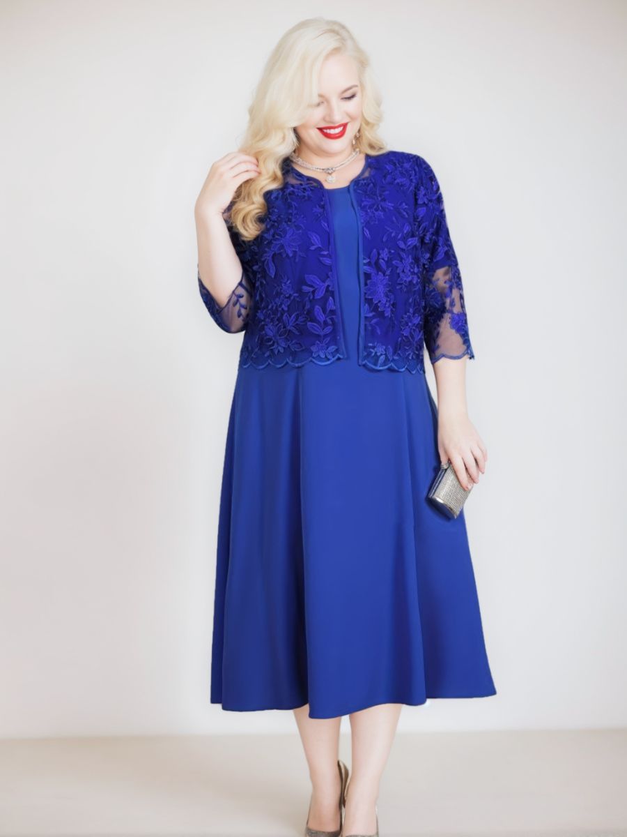 Plus Size Mother of the Bride A Line Tea Length Dress with 3/4 Sleeves Appliques & Jacket