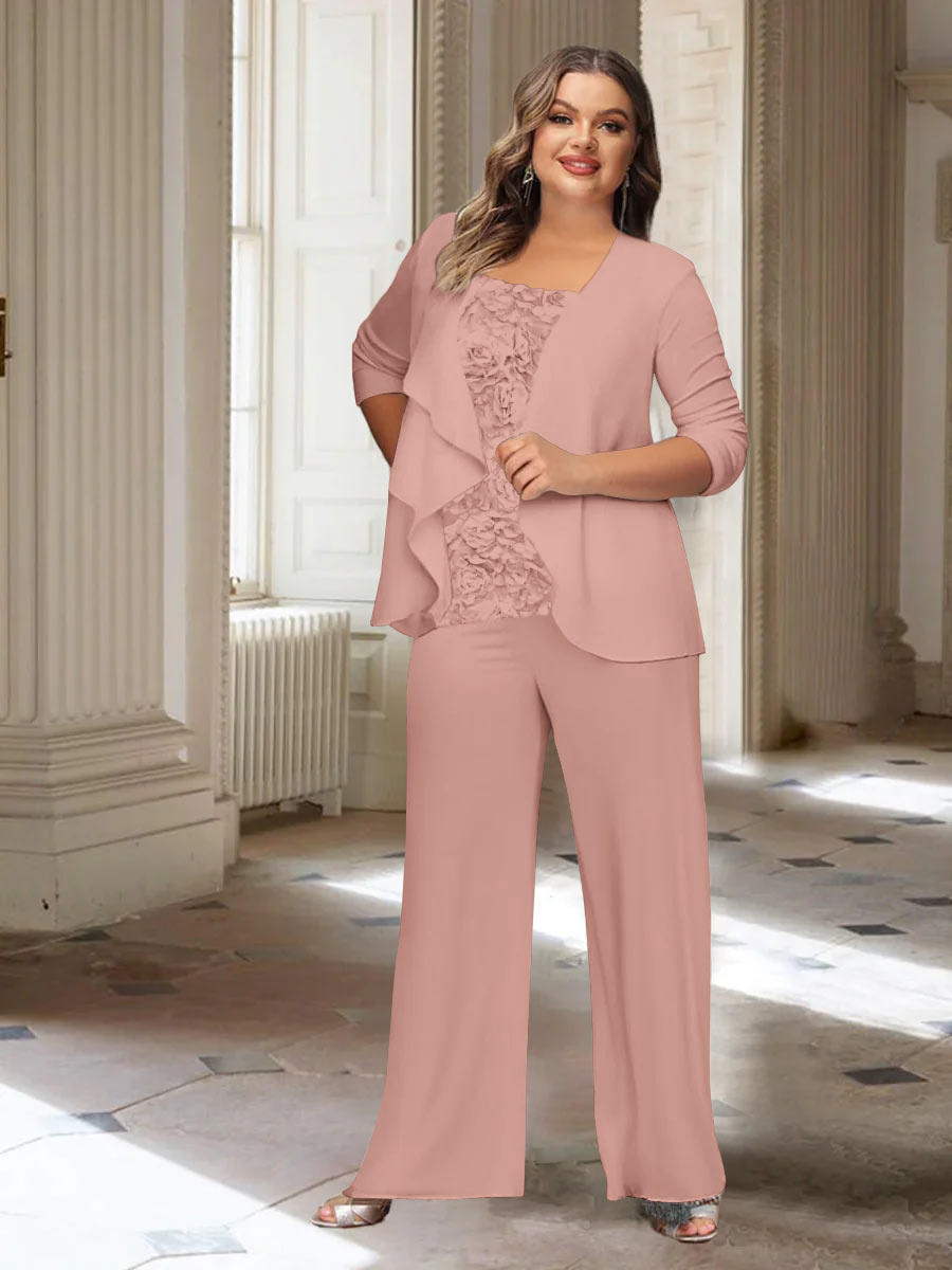 Plus Size Mother of the Bride Chiffon Pantsuit with Long Sleeves and Jacket