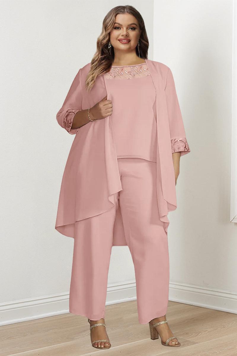 Plus Size Long Sleeves Mother of the Bride Chiffon Pantsuit with Jacket