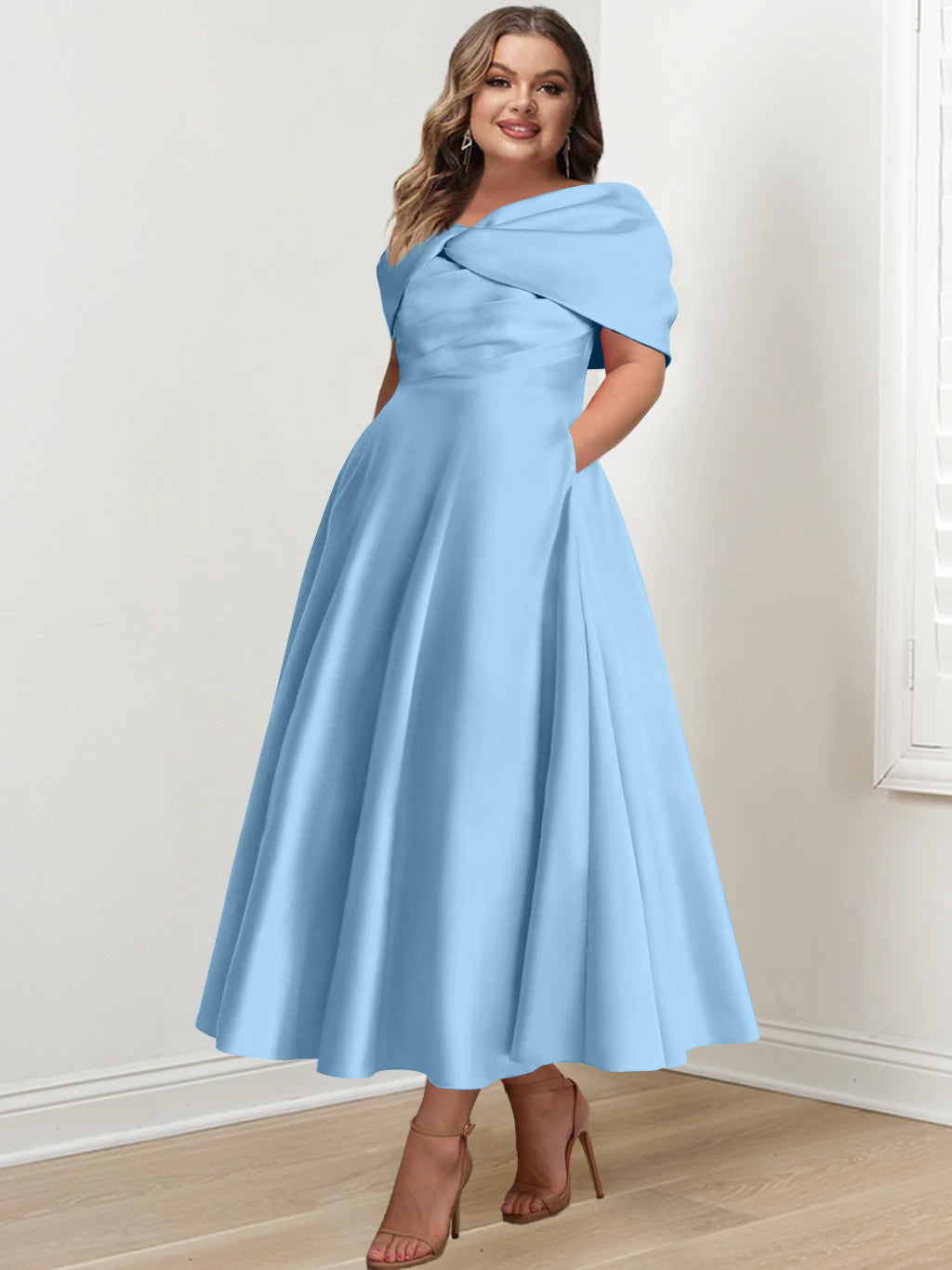 Plus Size Off The Shoulder A Line Ankle Length Mother Of The Bride Dress With Ruffles & Bowknot