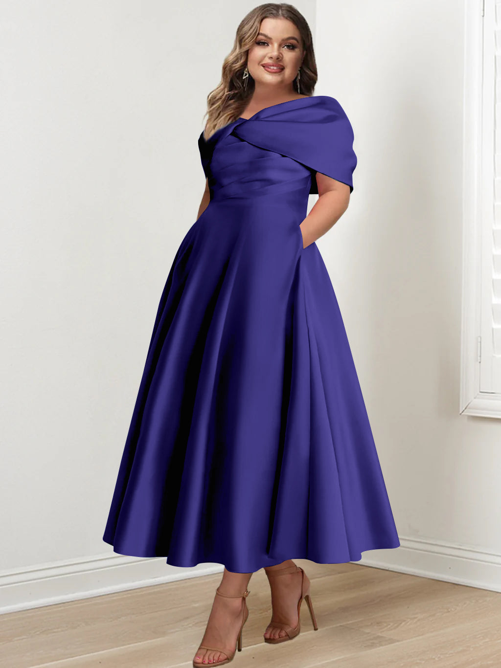 Plus Size Off The Shoulder A Line Ankle Length Mother Of The Bride Dress With Ruffles & Bowknot