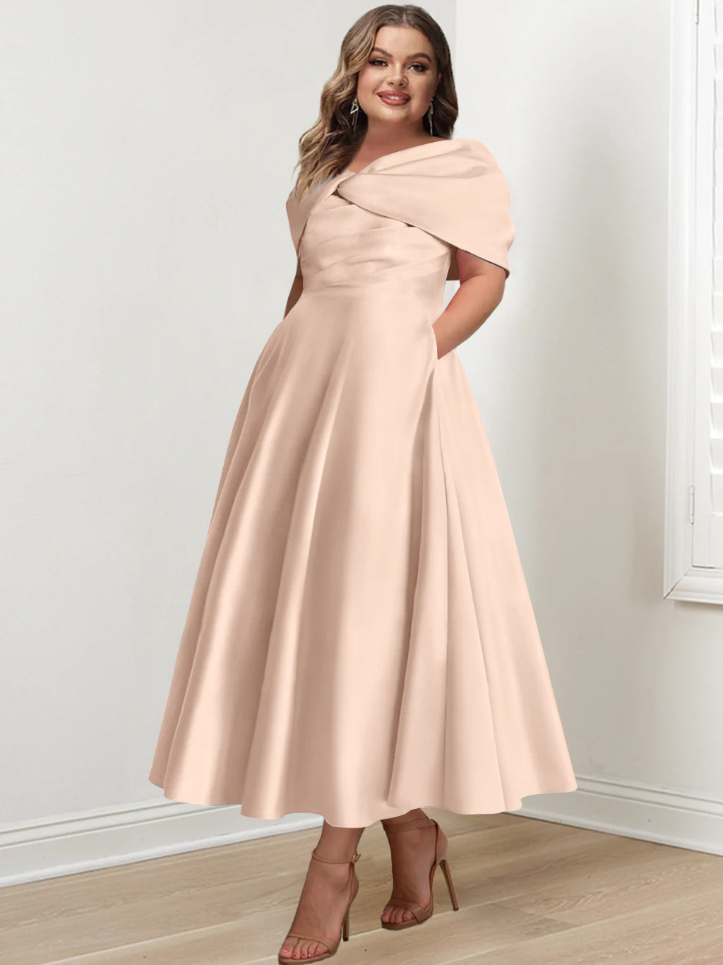 Plus Size Off The Shoulder A Line Ankle Length Mother Of The Bride Dress With Ruffles & Bowknot