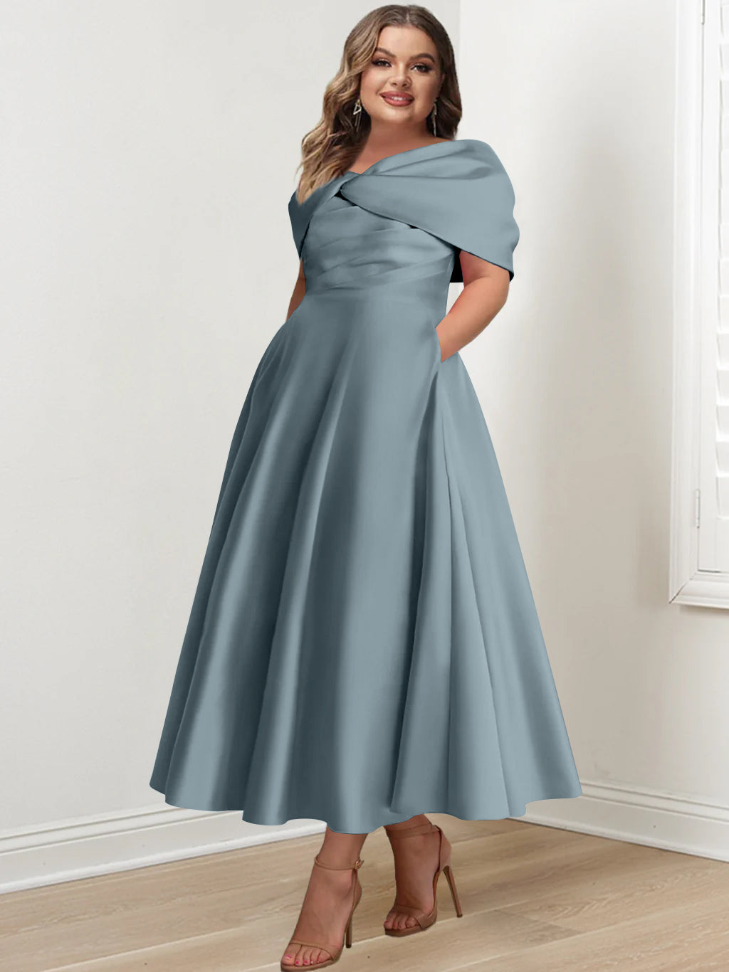 Plus Size Off The Shoulder A Line Ankle Length Mother Of The Bride Dress With Ruffles & Bowknot