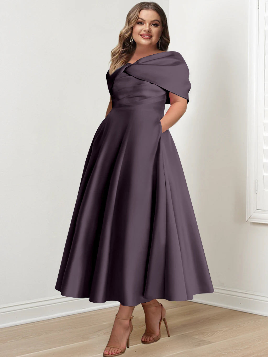 Plus Size Off The Shoulder A Line Ankle Length Mother Of The Bride Dress With Ruffles & Bowknot