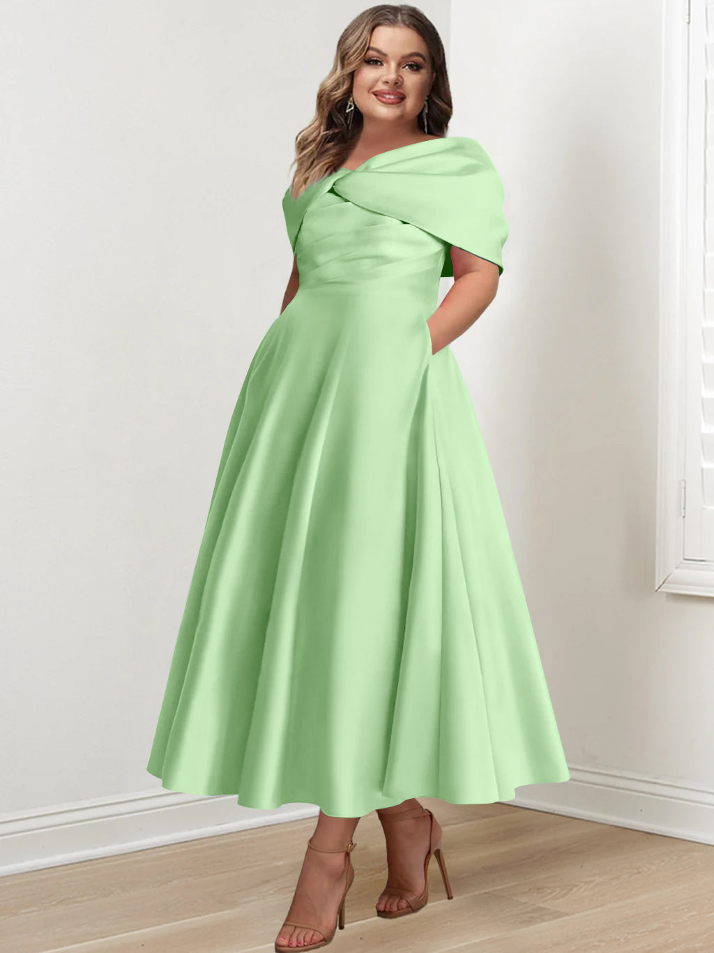Plus Size Off The Shoulder A Line Ankle Length Mother Of The Bride Dress With Ruffles & Bowknot