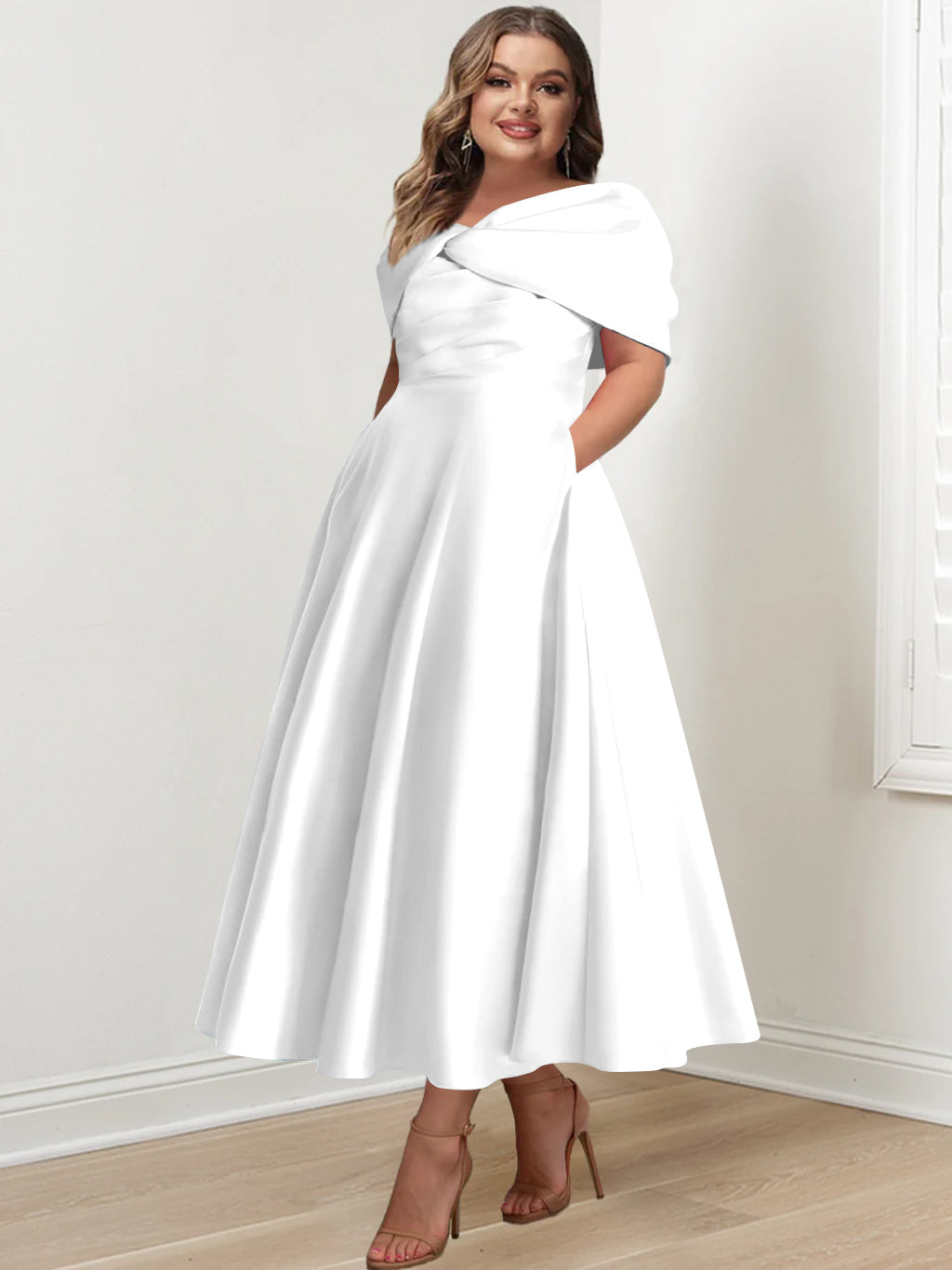 Plus Size Off The Shoulder A Line Ankle Length Mother Of The Bride Dress With Ruffles & Bowknot