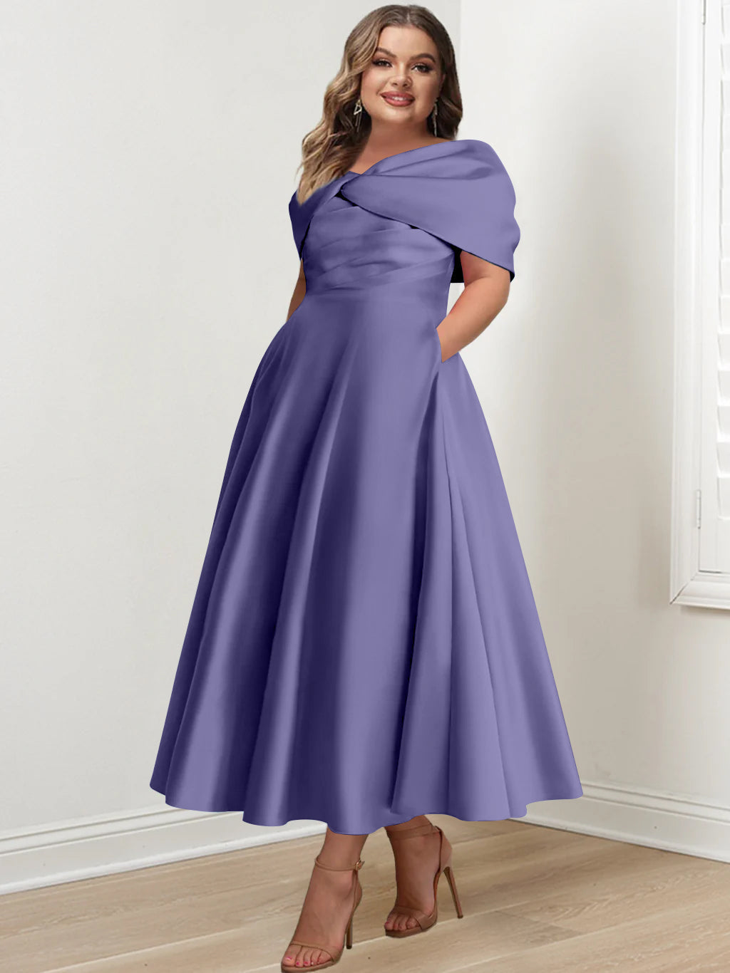 Plus Size Off The Shoulder A Line Ankle Length Mother Of The Bride Dress With Ruffles & Bowknot