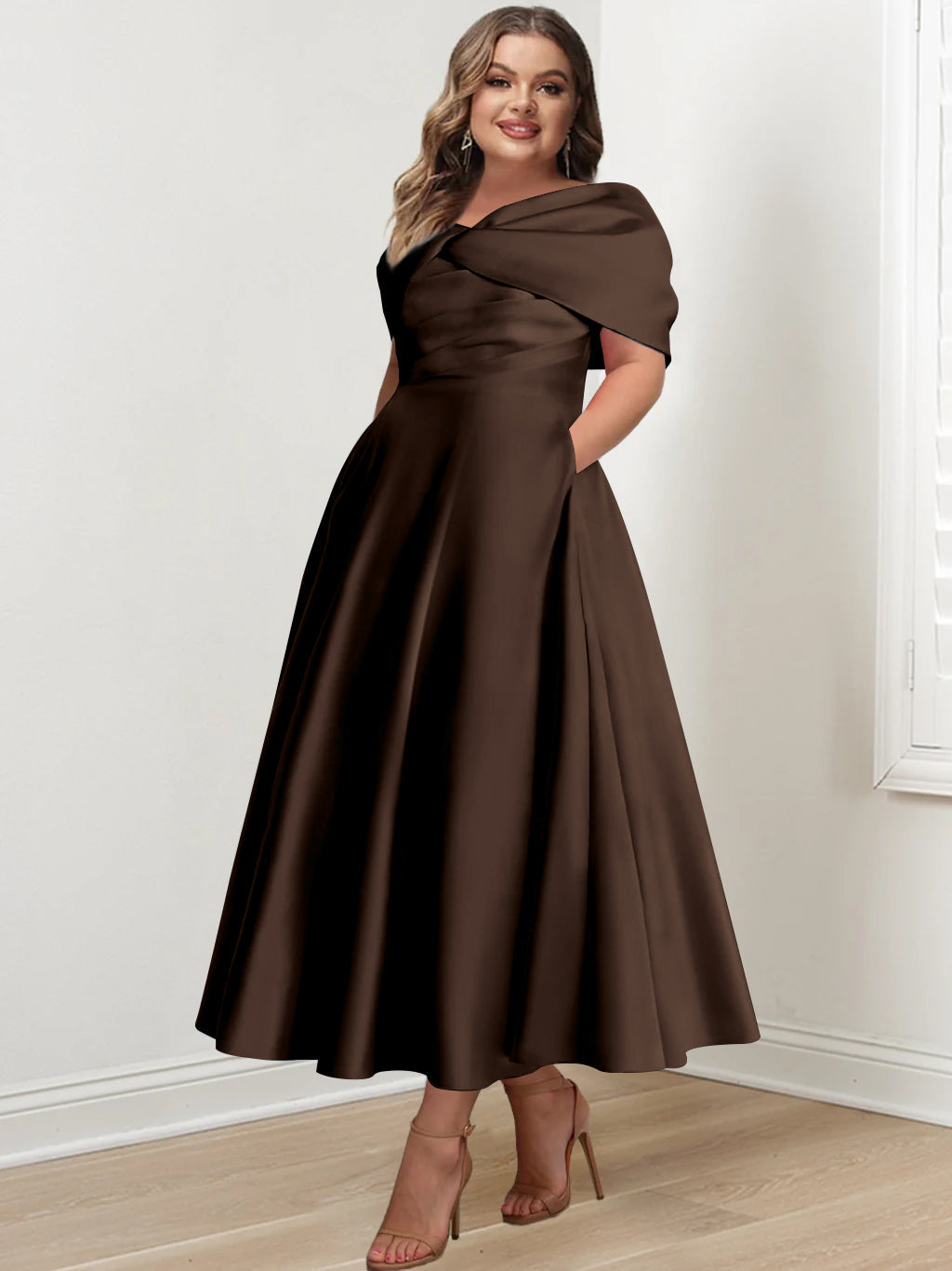 Plus Size Off The Shoulder A Line Ankle Length Mother Of The Bride Dress With Ruffles & Bowknot