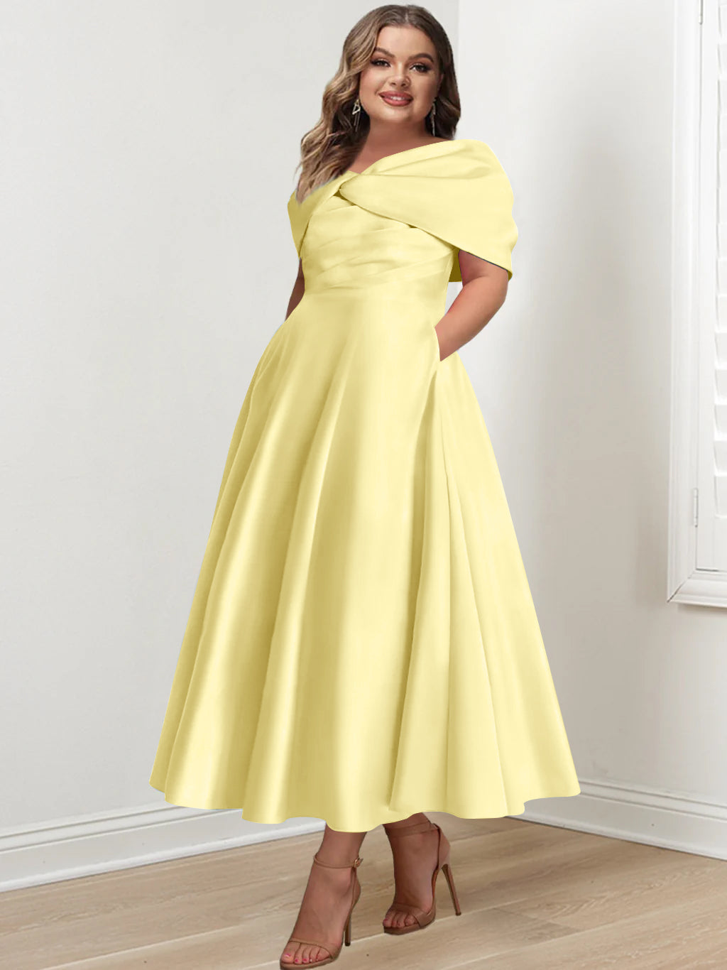 Plus Size Off The Shoulder A Line Ankle Length Mother Of The Bride Dress With Ruffles & Bowknot