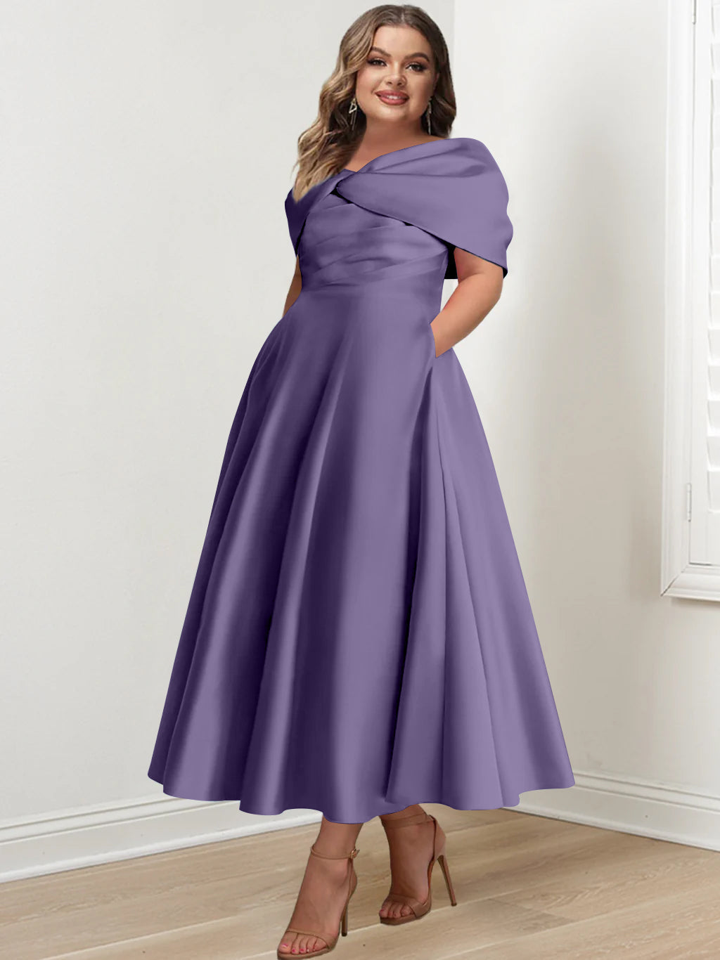 Plus Size Off The Shoulder A Line Ankle Length Mother Of The Bride Dress With Ruffles & Bowknot
