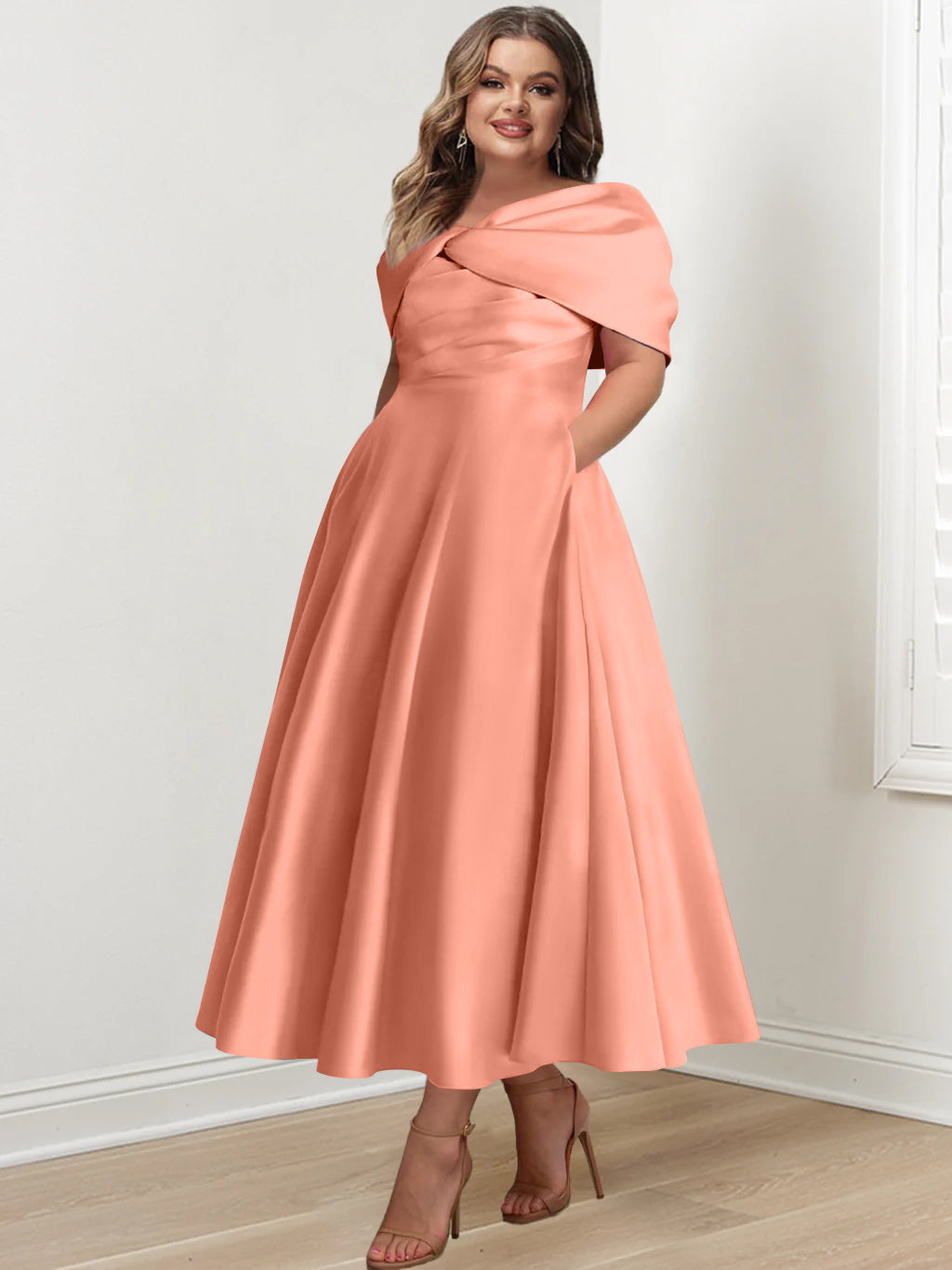 Plus Size Off The Shoulder A Line Ankle Length Mother Of The Bride Dress With Ruffles & Bowknot