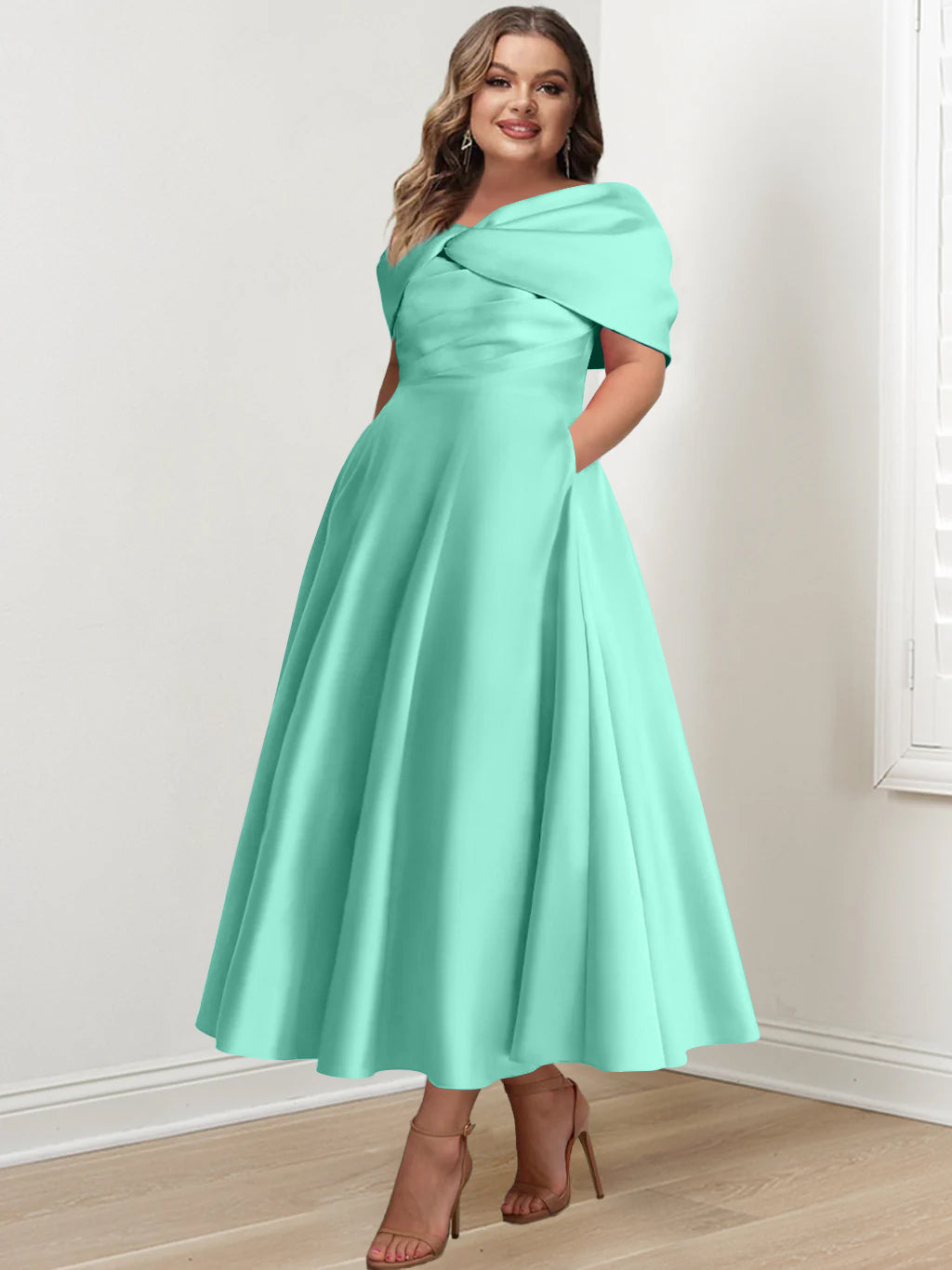 Plus Size Off The Shoulder A Line Ankle Length Mother Of The Bride Dress With Ruffles & Bowknot