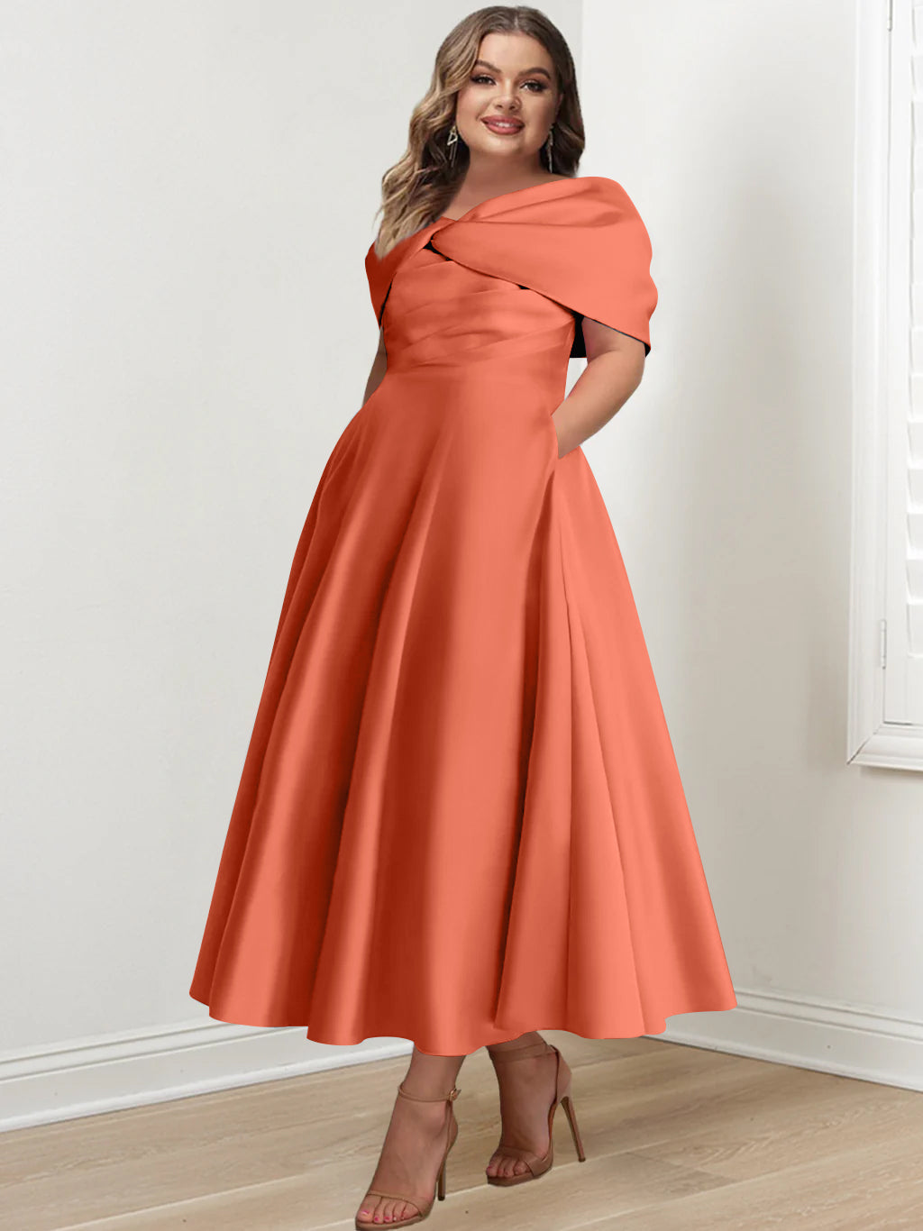 Plus Size Off The Shoulder A Line Ankle Length Mother Of The Bride Dress With Ruffles & Bowknot