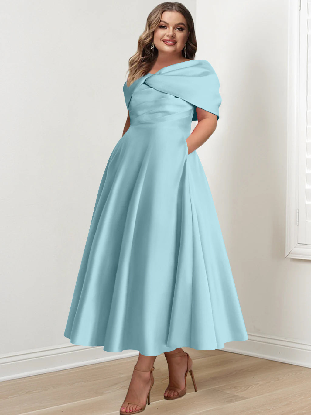 Plus Size Off The Shoulder A Line Ankle Length Mother Of The Bride Dress With Ruffles & Bowknot
