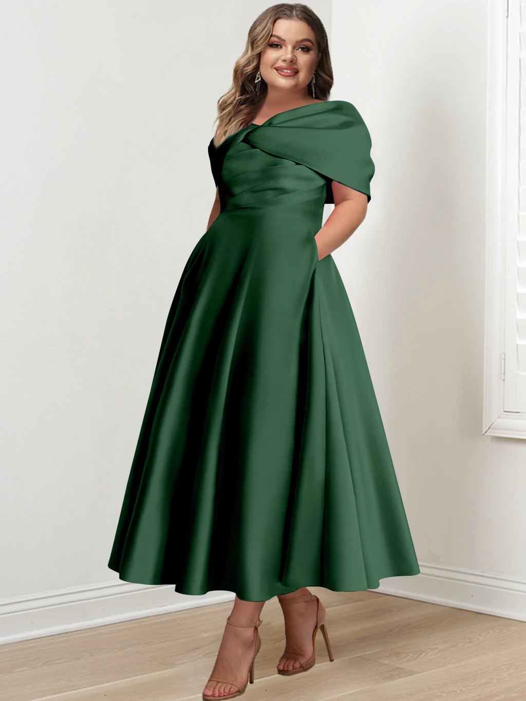 Plus Size Off The Shoulder A Line Ankle Length Mother Of The Bride Dress With Ruffles & Bowknot