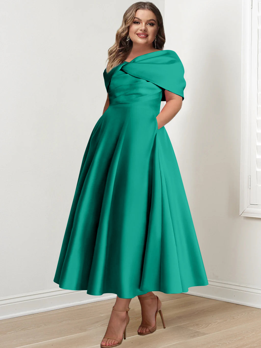 Plus Size Off The Shoulder A Line Ankle Length Mother Of The Bride Dress With Ruffles & Bowknot