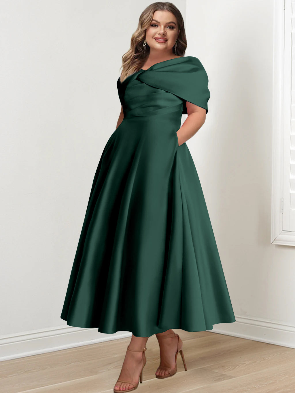 Plus Size Off The Shoulder A Line Ankle Length Mother Of The Bride Dress With Ruffles & Bowknot