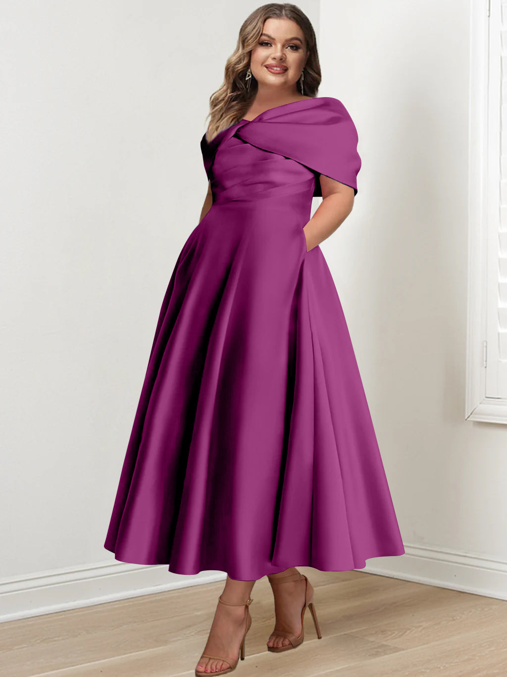 Plus Size Off The Shoulder A Line Ankle Length Mother Of The Bride Dress With Ruffles & Bowknot