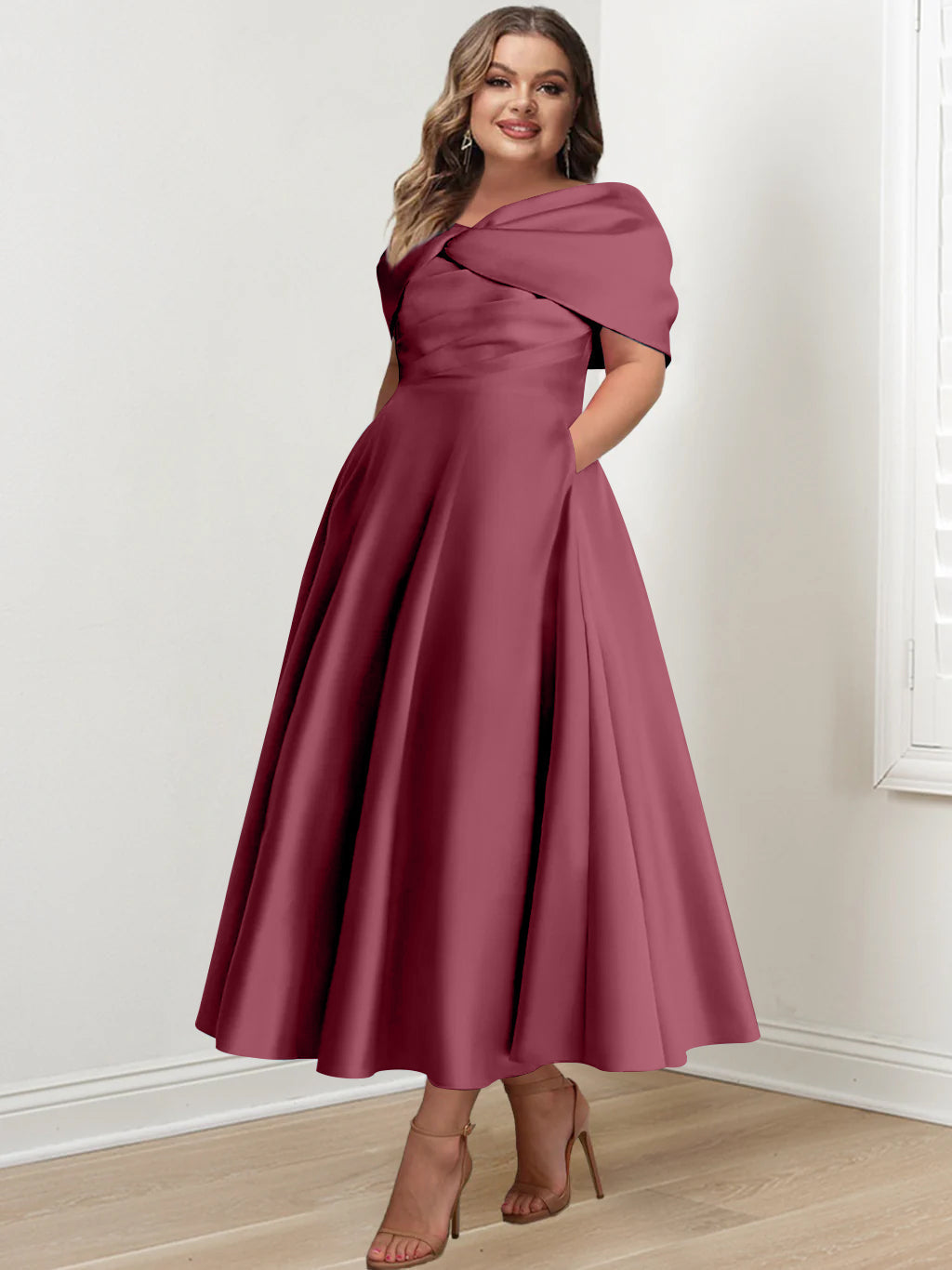 Plus Size Off The Shoulder A Line Ankle Length Mother Of The Bride Dress With Ruffles & Bowknot