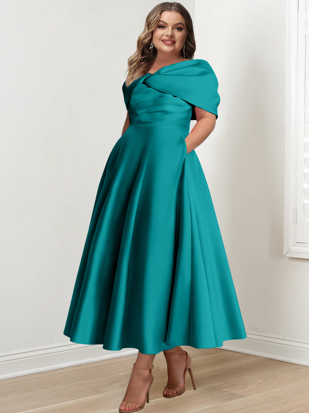 Plus Size Off The Shoulder A Line Ankle Length Mother Of The Bride Dress With Ruffles & Bowknot