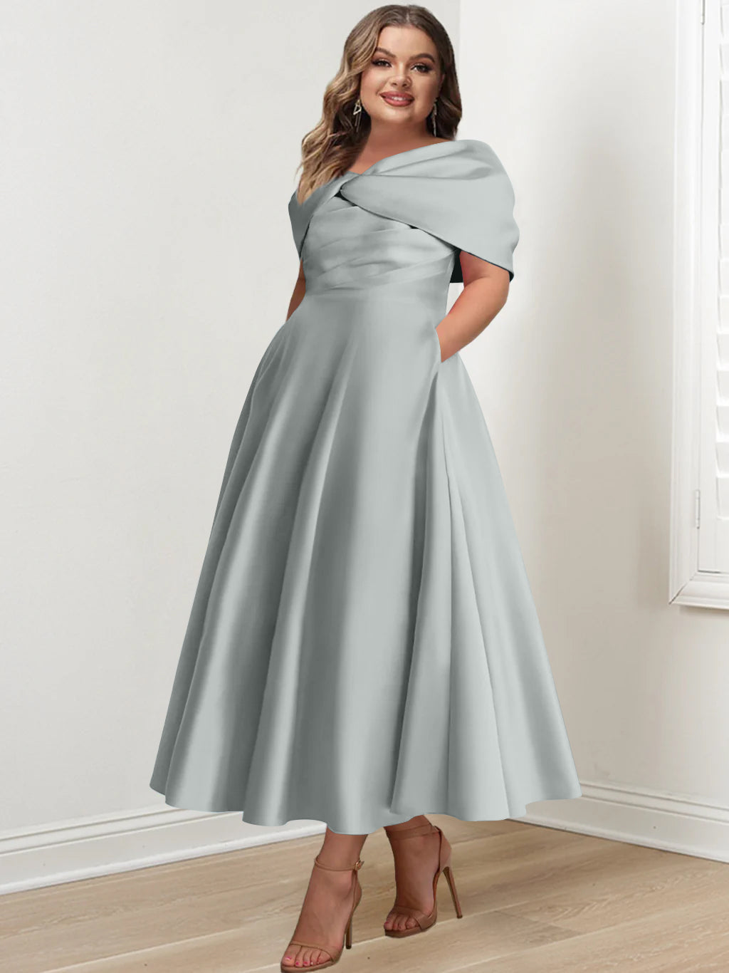 Plus Size Off The Shoulder A Line Ankle Length Mother Of The Bride Dress With Ruffles & Bowknot
