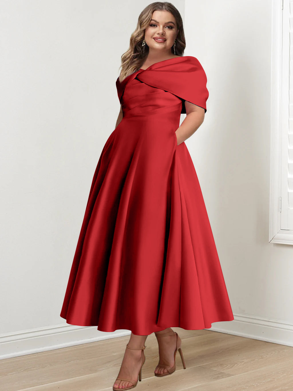 Plus Size Off The Shoulder A Line Ankle Length Mother Of The Bride Dress With Ruffles & Bowknot