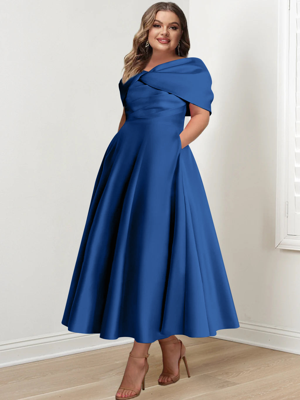 Plus Size Off The Shoulder A Line Ankle Length Mother Of The Bride Dress With Ruffles & Bowknot
