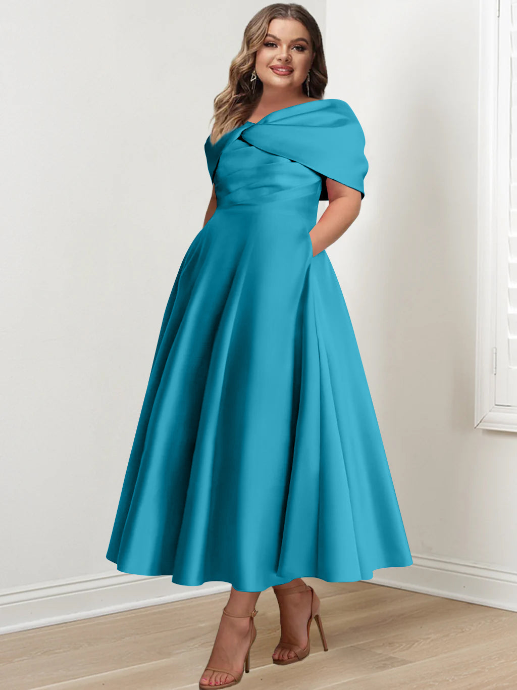 Plus Size Off The Shoulder A Line Ankle Length Mother Of The Bride Dress With Ruffles & Bowknot