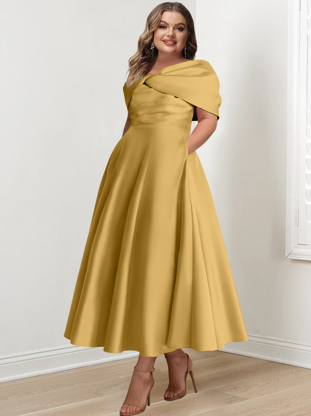 Plus Size Off The Shoulder A Line Ankle Length Mother Of The Bride Dress With Ruffles & Bowknot