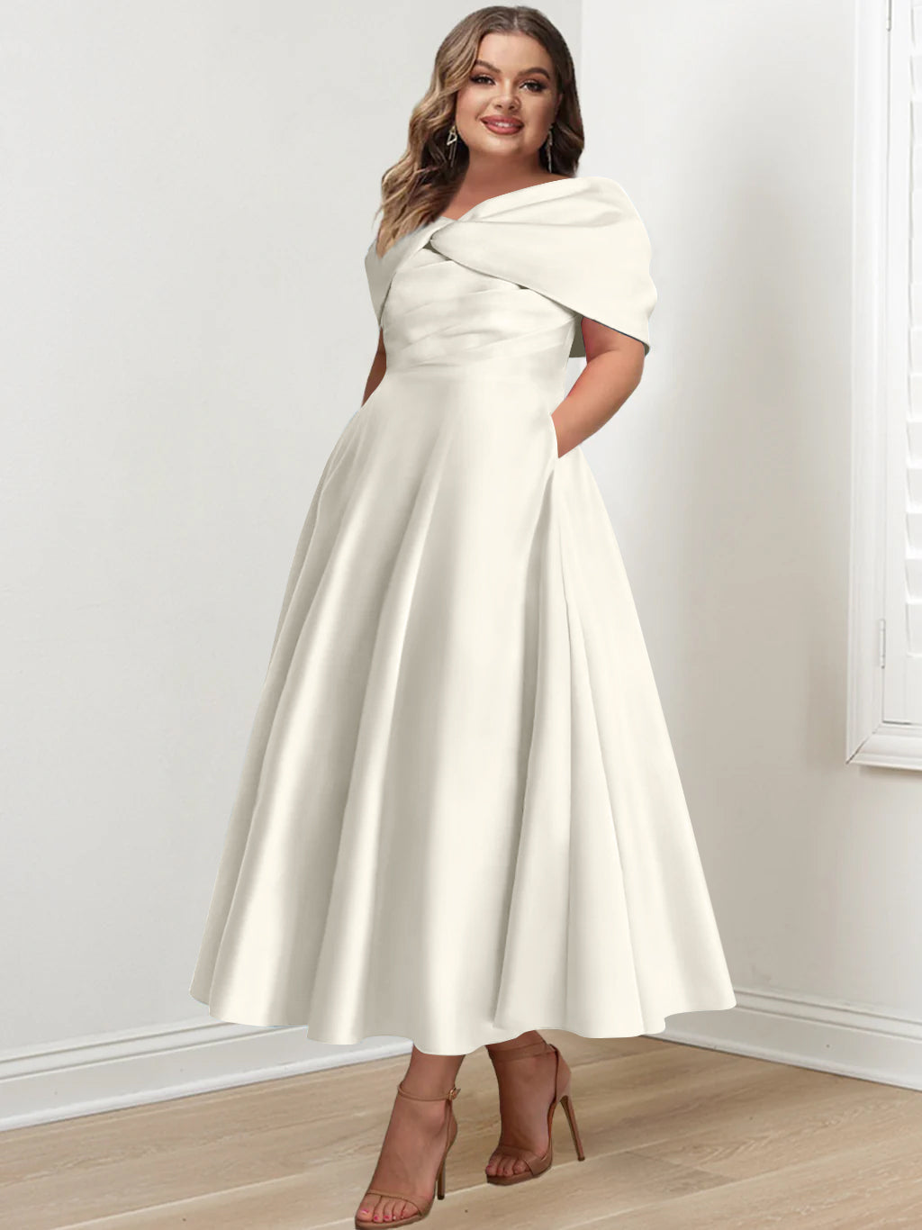 Plus Size Off The Shoulder A Line Ankle Length Mother Of The Bride Dress With Ruffles & Bowknot
