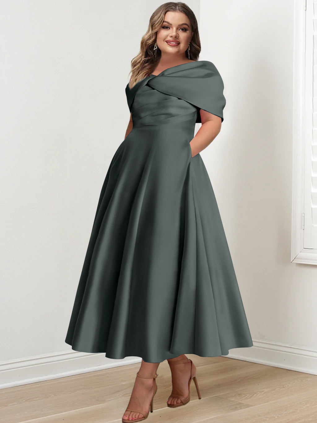 Plus Size Off The Shoulder A Line Ankle Length Mother Of The Bride Dress With Ruffles & Bowknot