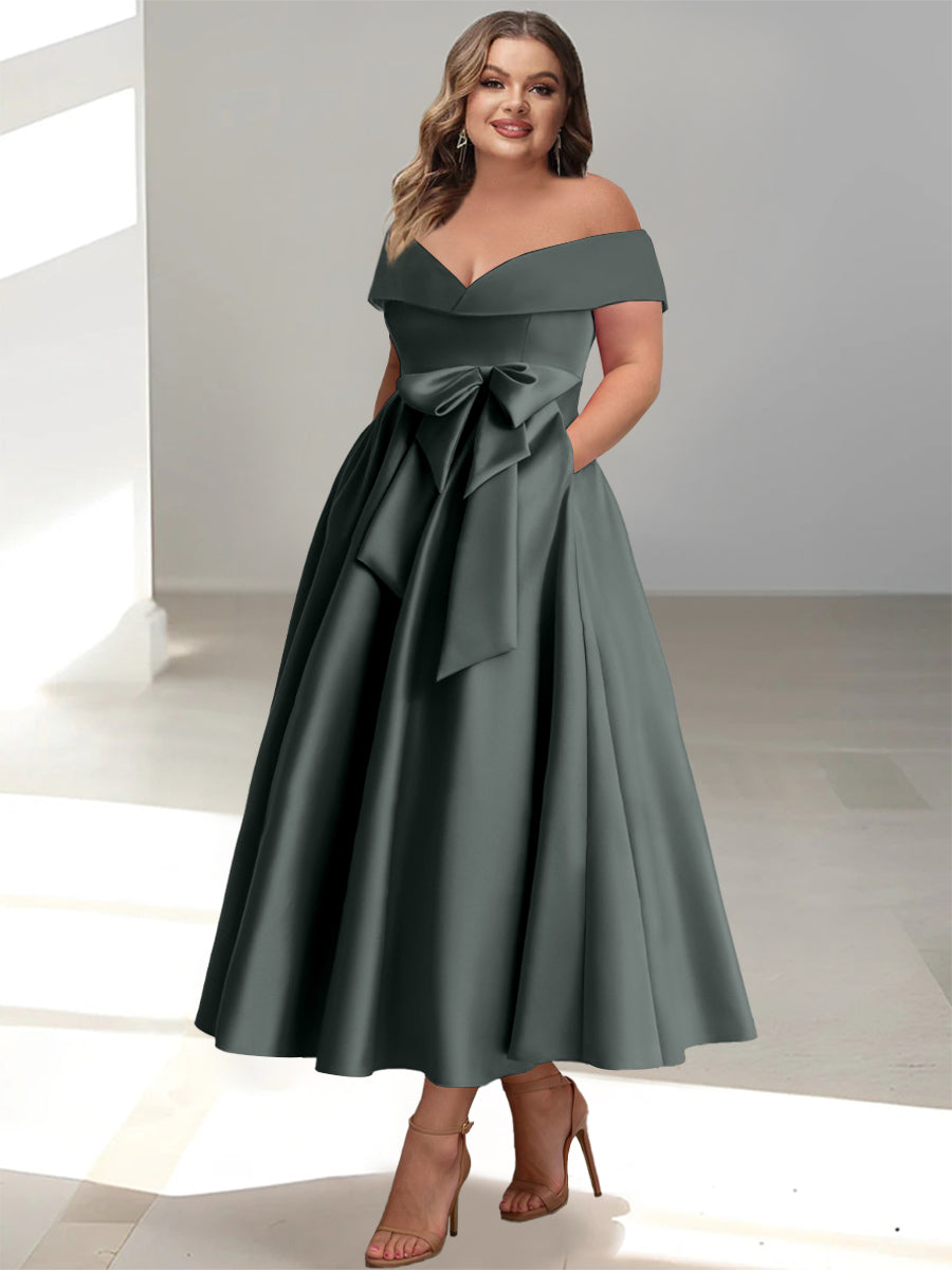 Plus Size Off the Shoulder Sleeveless A Line Mother of the Bride Ankle Length Dress with Pockets