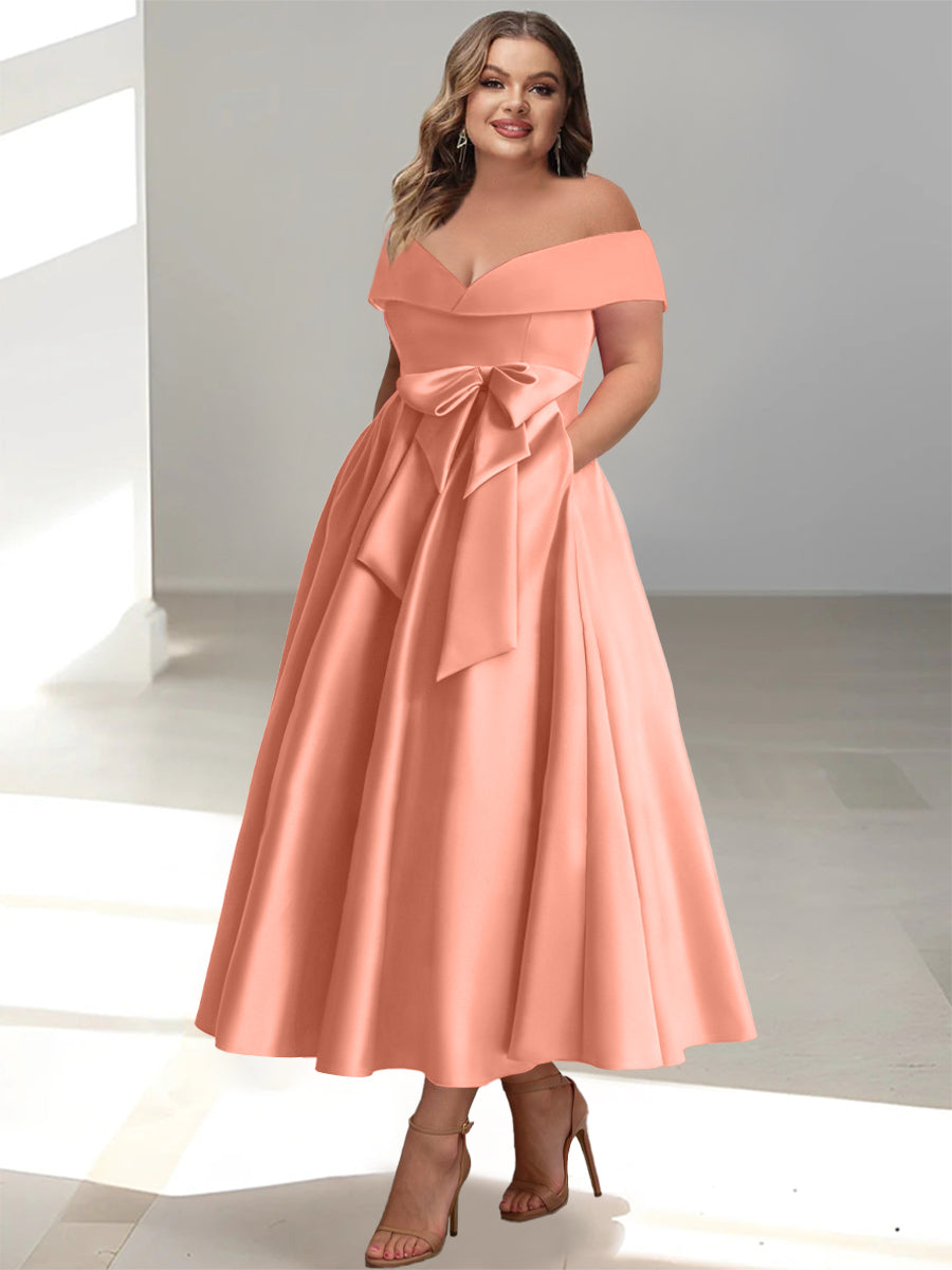 Plus Size Off the Shoulder Sleeveless A Line Mother of the Bride Ankle Length Dress with Pockets