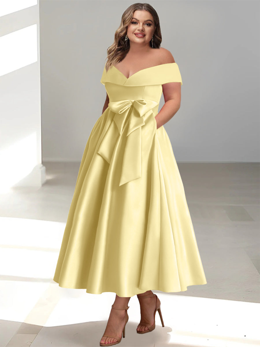 Plus Size Off the Shoulder Sleeveless A Line Mother of the Bride Ankle Length Dress with Pockets