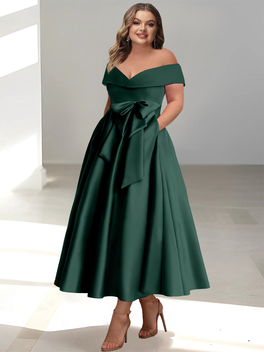 Plus Size Off the Shoulder Sleeveless A Line Mother of the Bride Ankle Length Dress with Pockets
