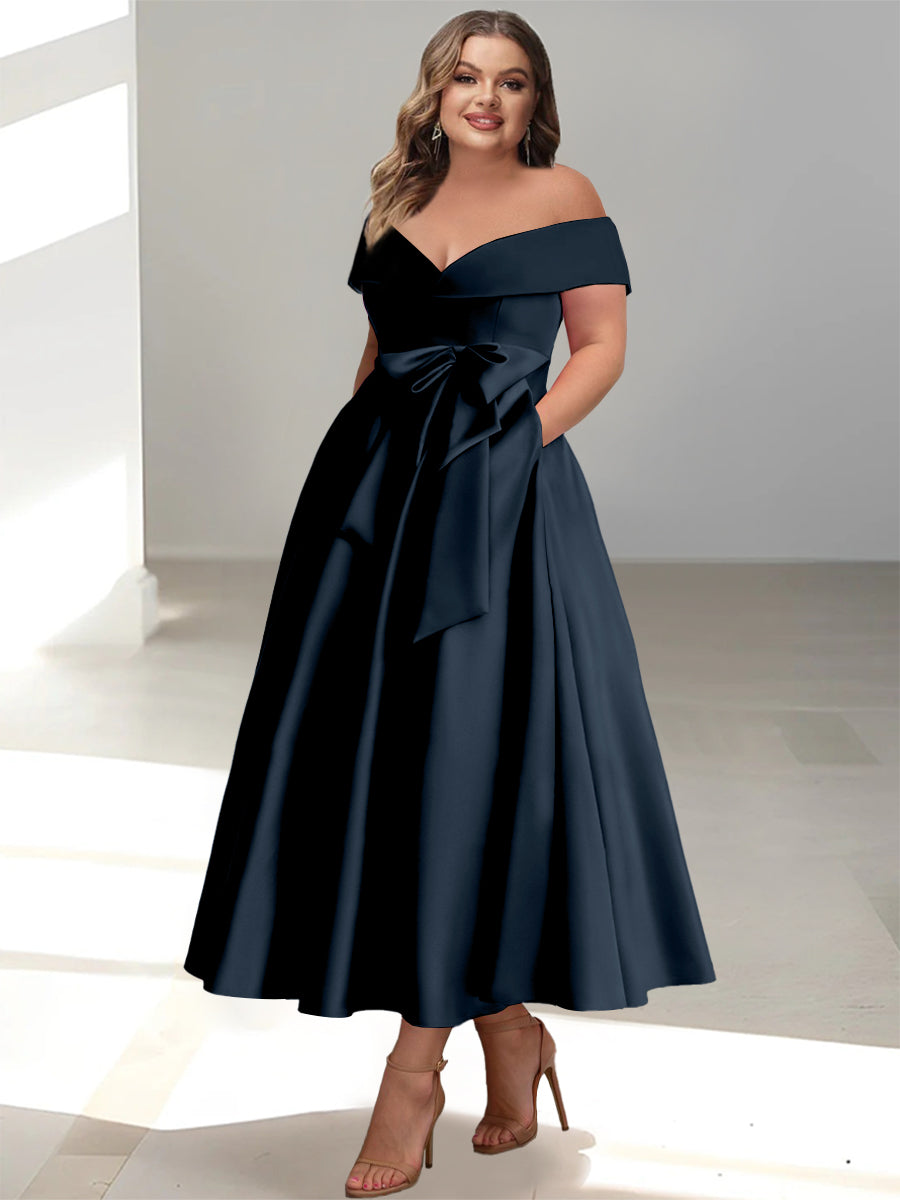Plus Size Off the Shoulder Sleeveless A Line Mother of the Bride Ankle Length Dress with Pockets