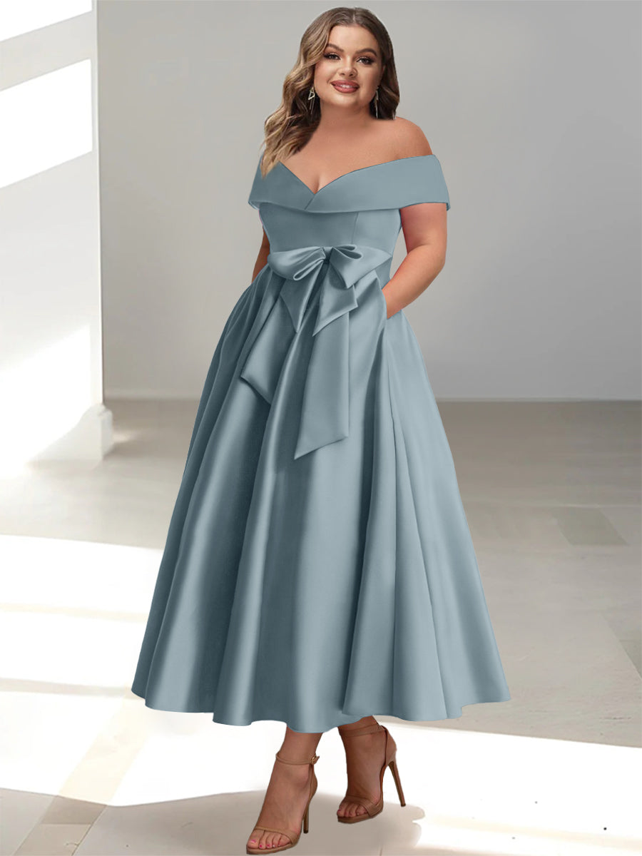 Plus Size Off the Shoulder Sleeveless A Line Mother of the Bride Ankle Length Dress with Pockets