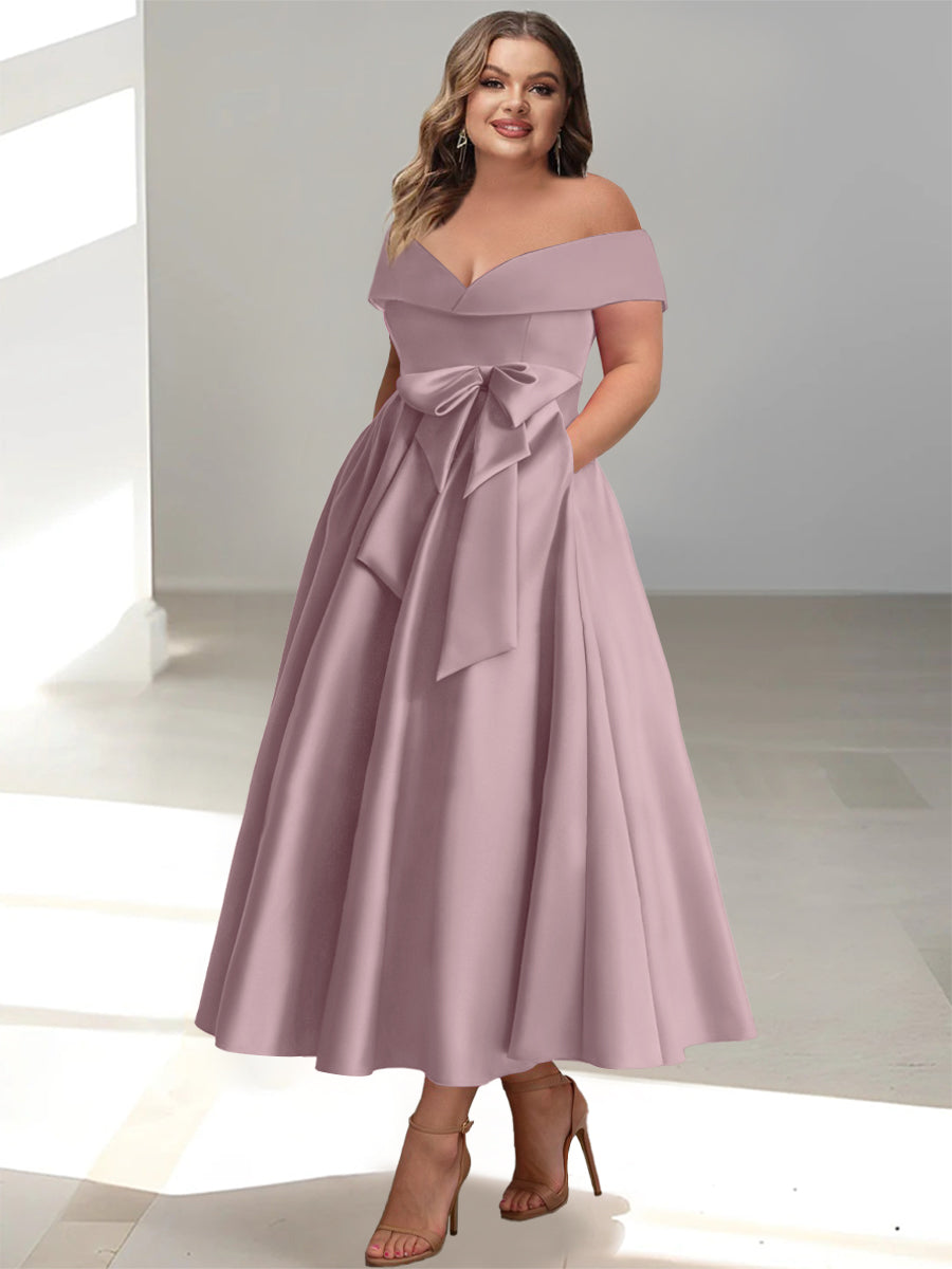 Plus Size Off the Shoulder Sleeveless A Line Mother of the Bride Ankle Length Dress with Pockets